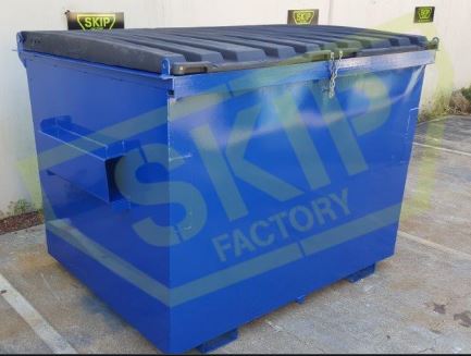 blue skip bin with closed lid